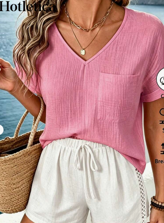Hotletica Women's Double-Layer Cotton Crinkle V-Neck Short Sleeve Blouse