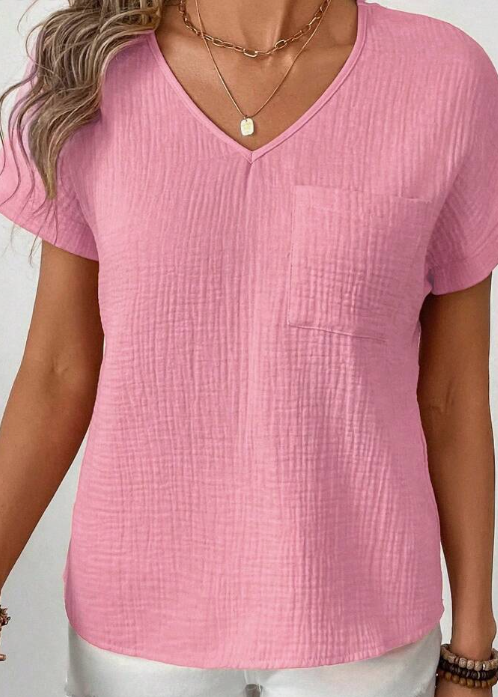 Hotletica Women's Double-Layer Cotton Crinkle V-Neck Short Sleeve Blouse