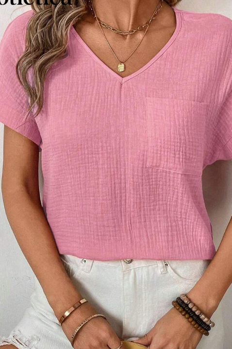 Hotletica Women's Double-Layer Cotton Crinkle V-Neck Short Sleeve Blouse