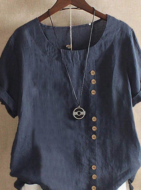 EMERY ROSE Women's Solid Color Round Neck Short Sleeve Button Design Casual Shirt