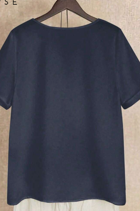 EMERY ROSE Women's Solid Color Round Neck Short Sleeve Button Design Casual Shirt